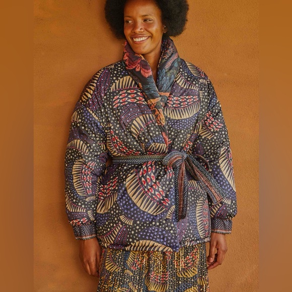 Farm Rio Black Wild Bananas Metallic Reversible Puffer Jacket - Picture 3 of 11